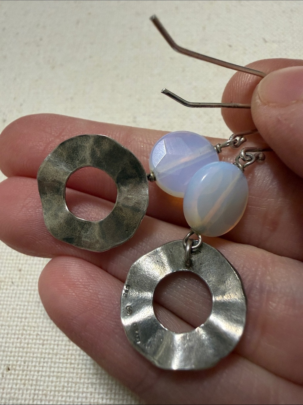 Sterling Silver 925 Opal Bead and Hammered Silver Drop Earrings - Picture 10 of 10